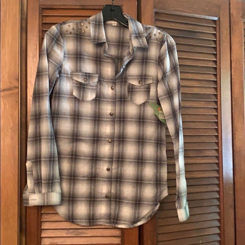 Selena Gomez Womens Small Plaid Studded Shoulder Button Shirt Western Boho Top